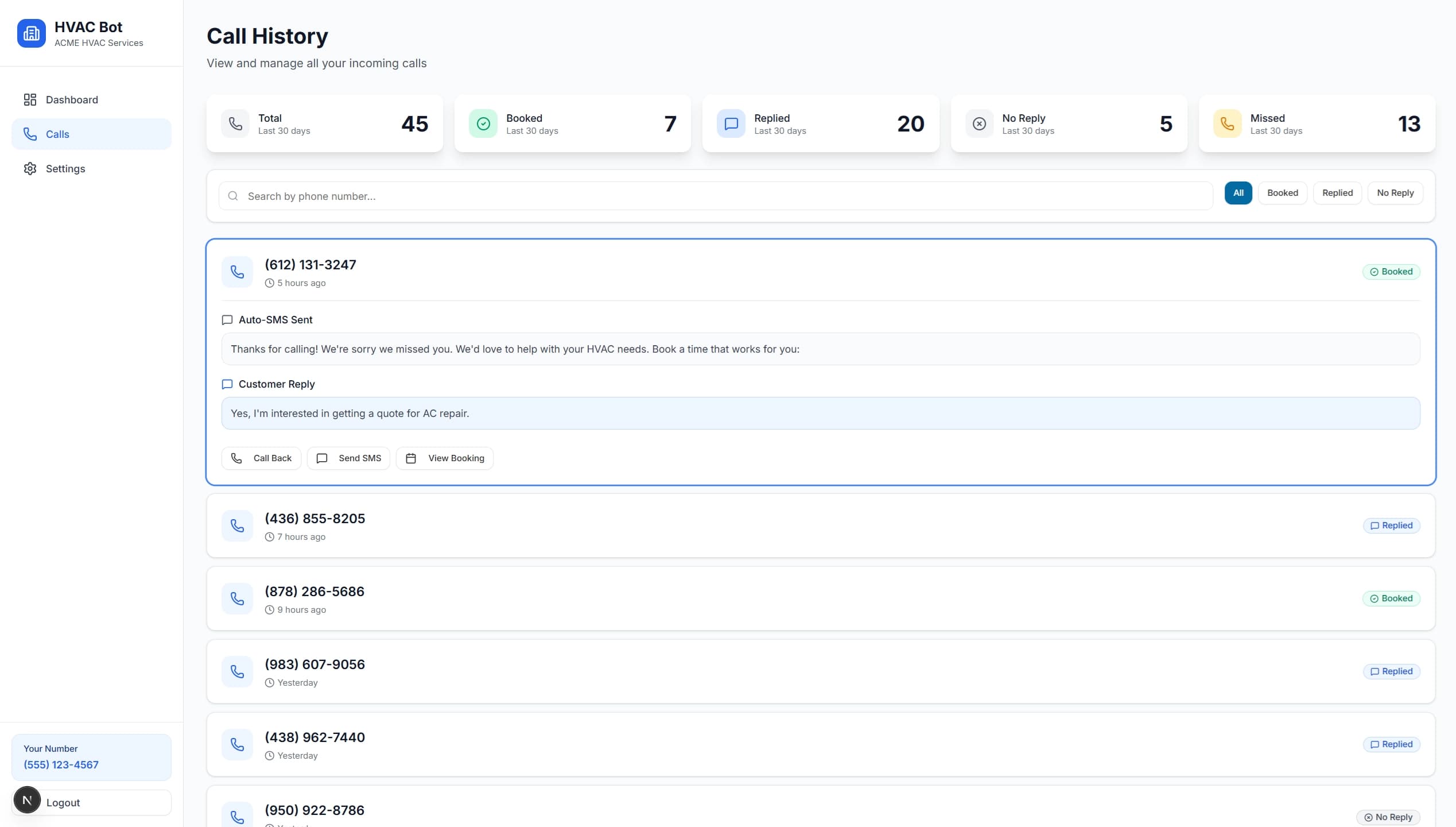 View Every Lead – Call back, text, or check booking details from one screen